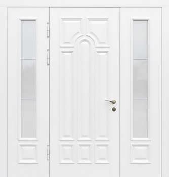 Металлическая уличная термодверь с боковыми остекленными вставками и панелями МДФ белого цвета с багетом Металлическая уличная термодверь с боковыми остекленными вставками и панелями МДФ белого цвета с багетом