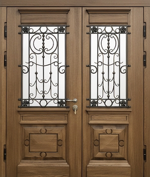 Металлическая парадная термодверь с ковкой, стеклом и массивом дерева Металлическая парадная термодверь с ковкой, стеклом и массивом дерева